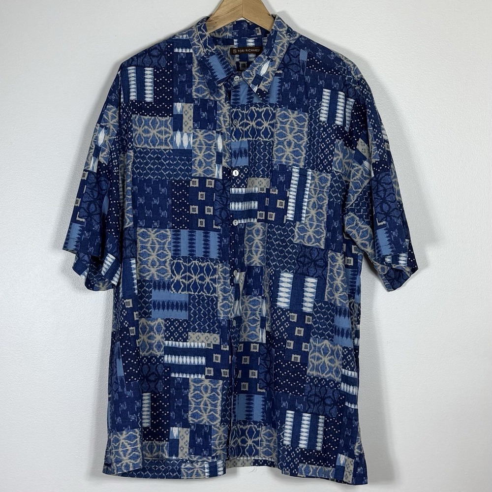 Tori Richard Mens 2XL Hawaiian Shirt Blue Patchwork Cotton Lawn Made In Hawaii